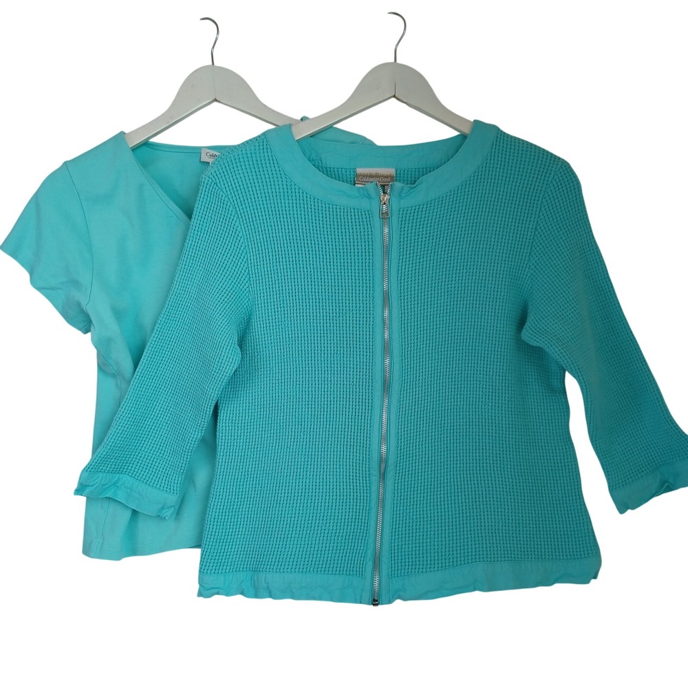 Coldwater Creek Womens Turquoise Cotton Waffle Knit‎ Zip Cardigan & Tee Set L M